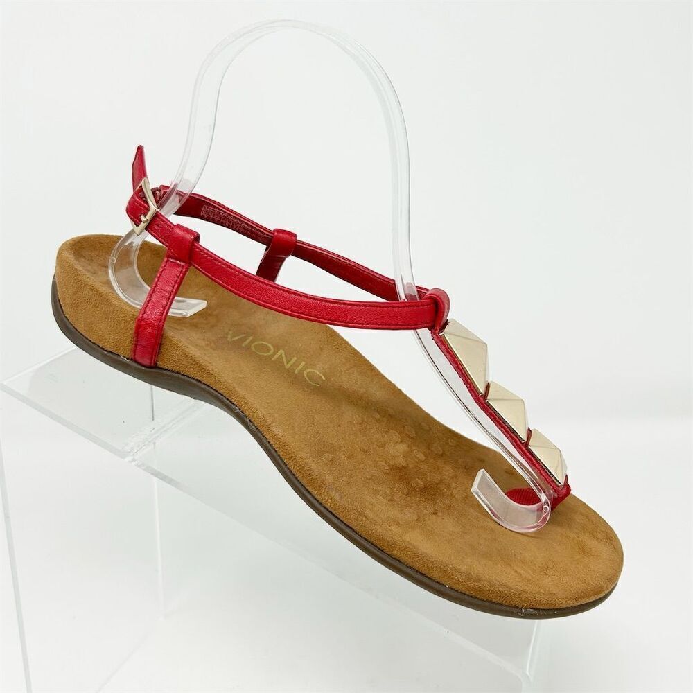 Vionic Red T-Strap Slingback Sandals Metallic Textured 3D Accents Size 7
